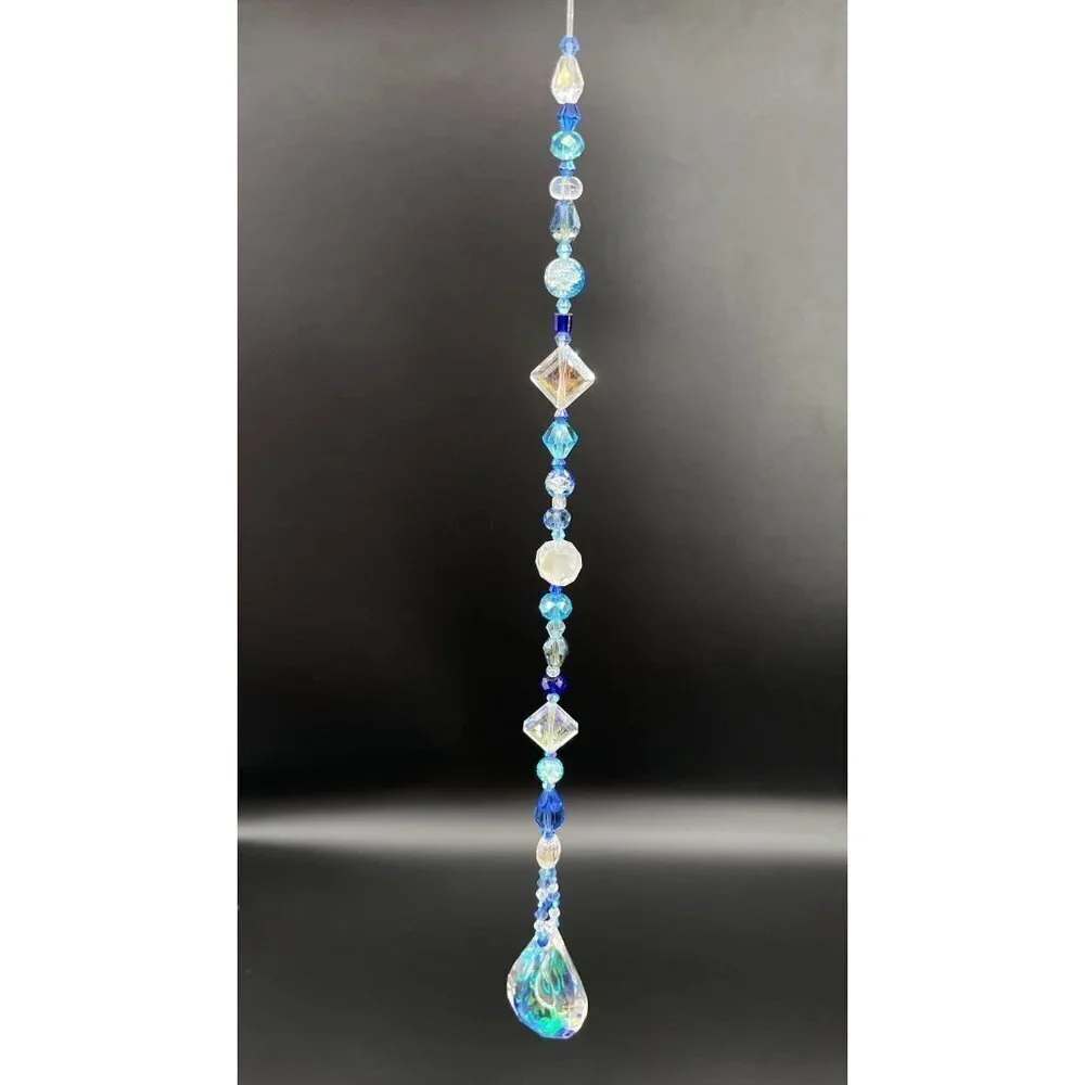 Blue Beaded Suncatcher - Clear Crystal Prism - Indoor Outdoor Hanging Decor